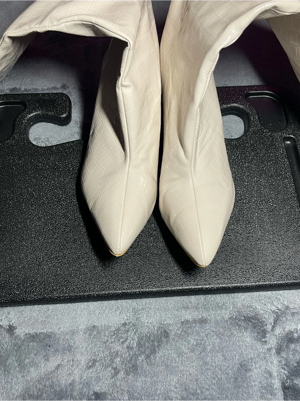Fashion Nova Cream Croc-Texture Over-The-Knee Pointed Toe Boots